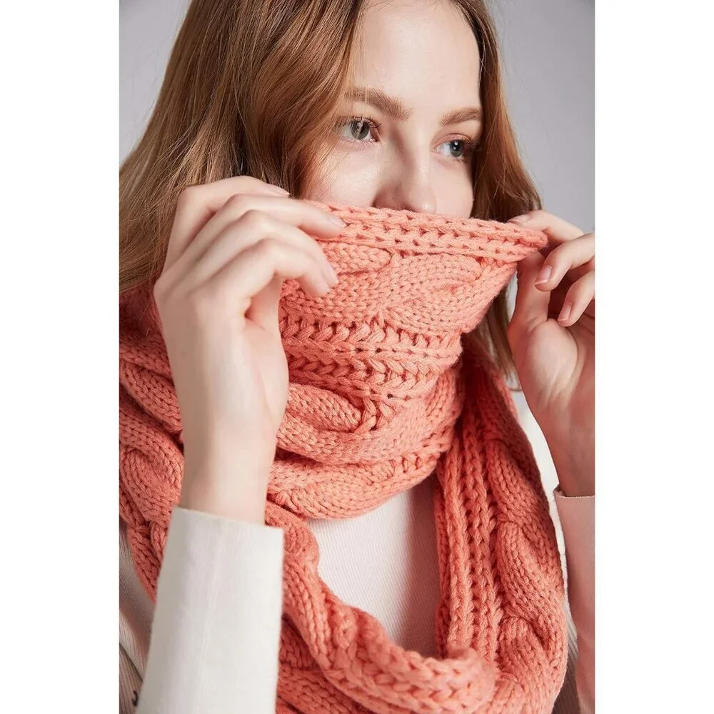 Women's Twist Pink Thick Ribbed Knit Winter Infinity Circle Loop Scarf